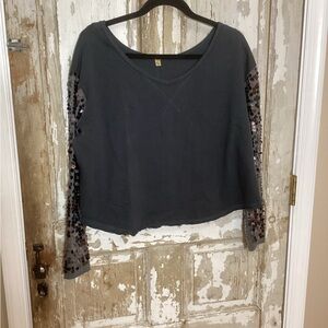 Free People Charcoal Sweatshirt with Sequin Sleeves - size s - oversized